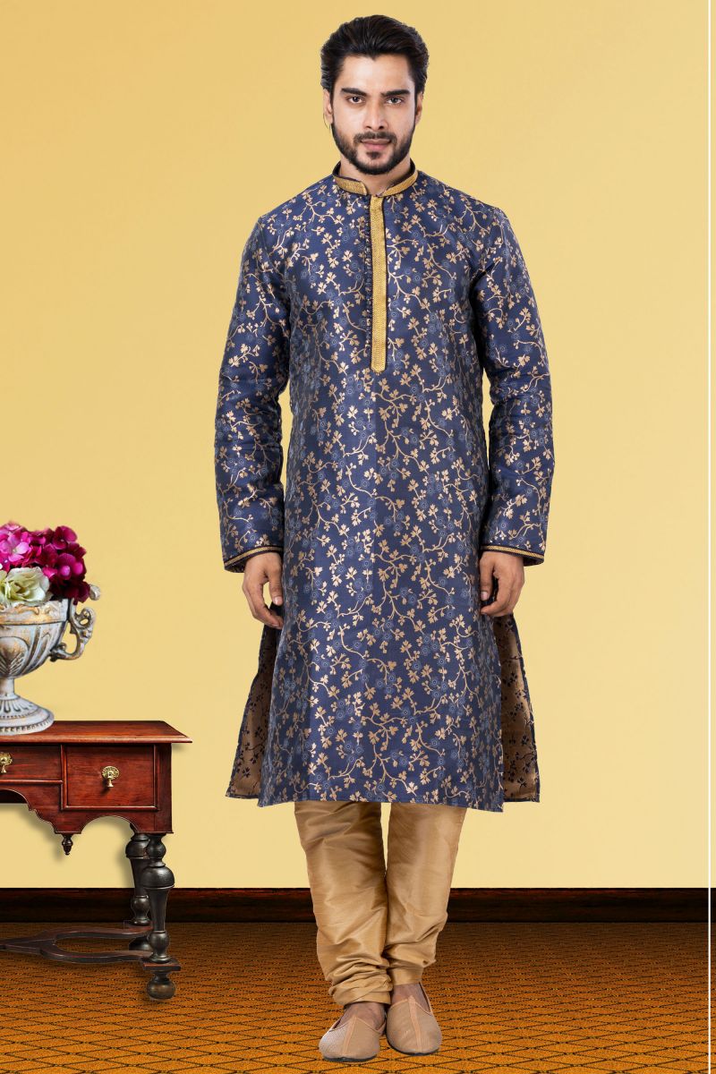 Jacquard Navy Blue Wedding Wear Readymade Designer Men Kurta Pyjama