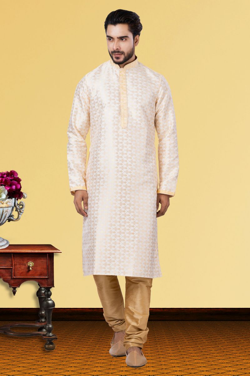 Beige Jacquard Silk Function Wear Readymade Kurta Pyjama For Men