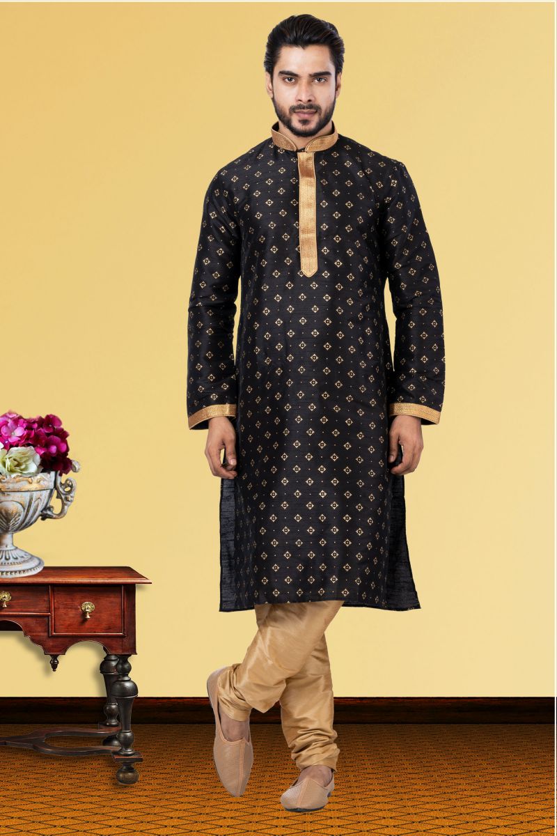 Dhupion Black Magnificent Readymade Men Kurta Pyjama For Sangeet Wear