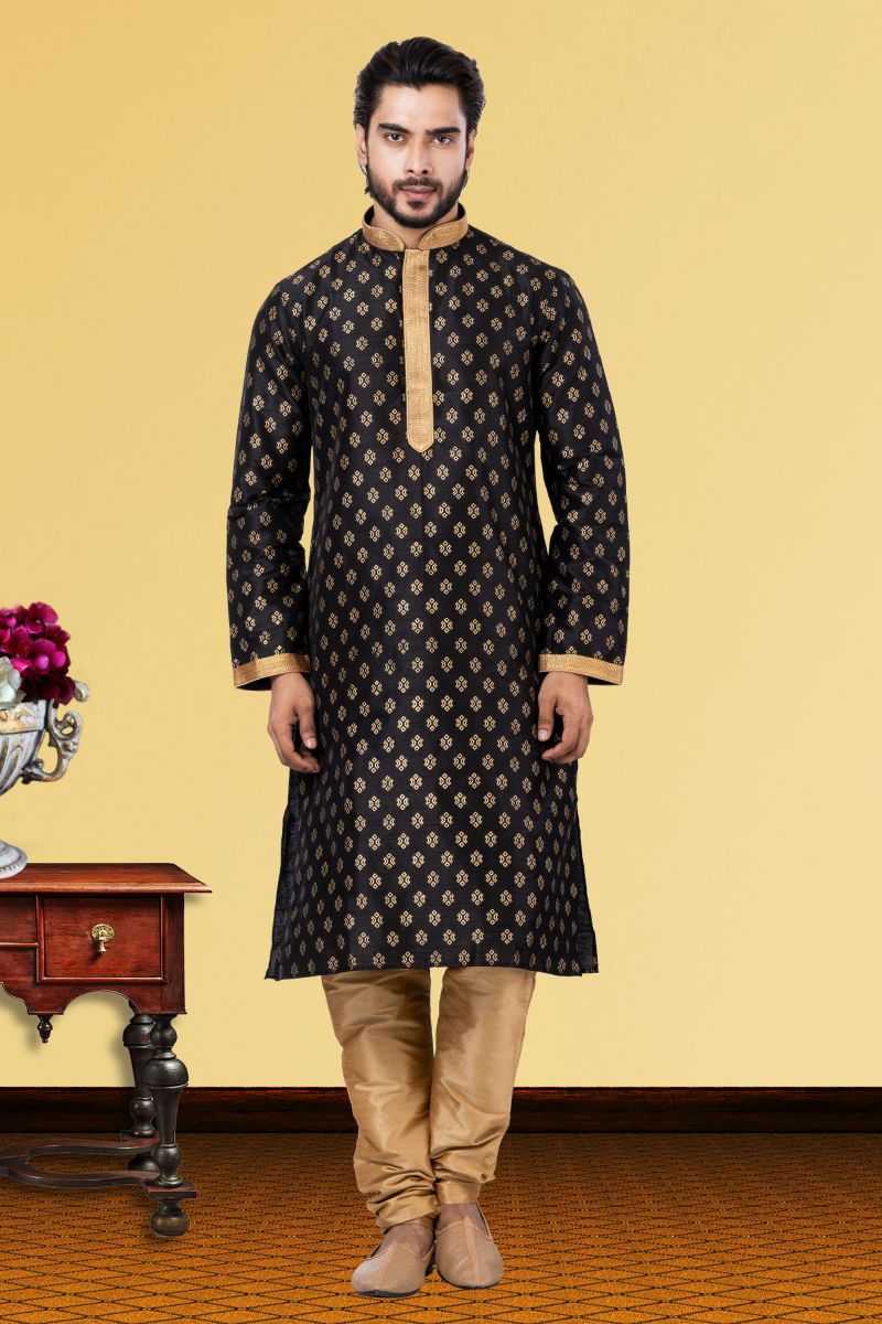 Black Dhupion Readymade Men Kurta Pyjama For Wedding Function