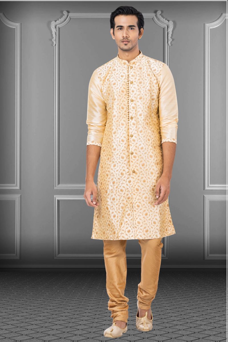 Beige Reception Wear Readymade Dhupion Kurta Pyjama For Men