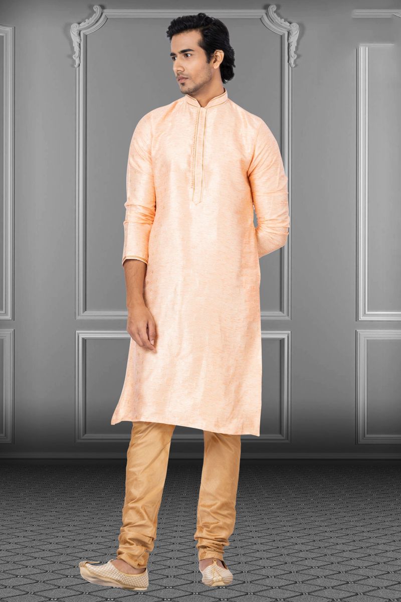 Peach Sangeet Wear Linen Silk Designer Readymade Kurta Pyjama For Men