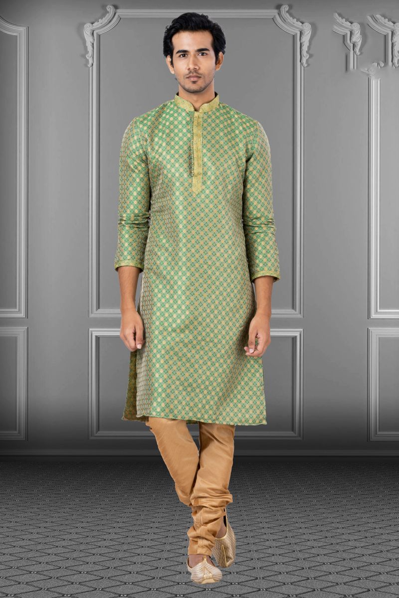 Jacquard Green Magnificent Readymade Men Kurta Pyjama For Sangeet Wear