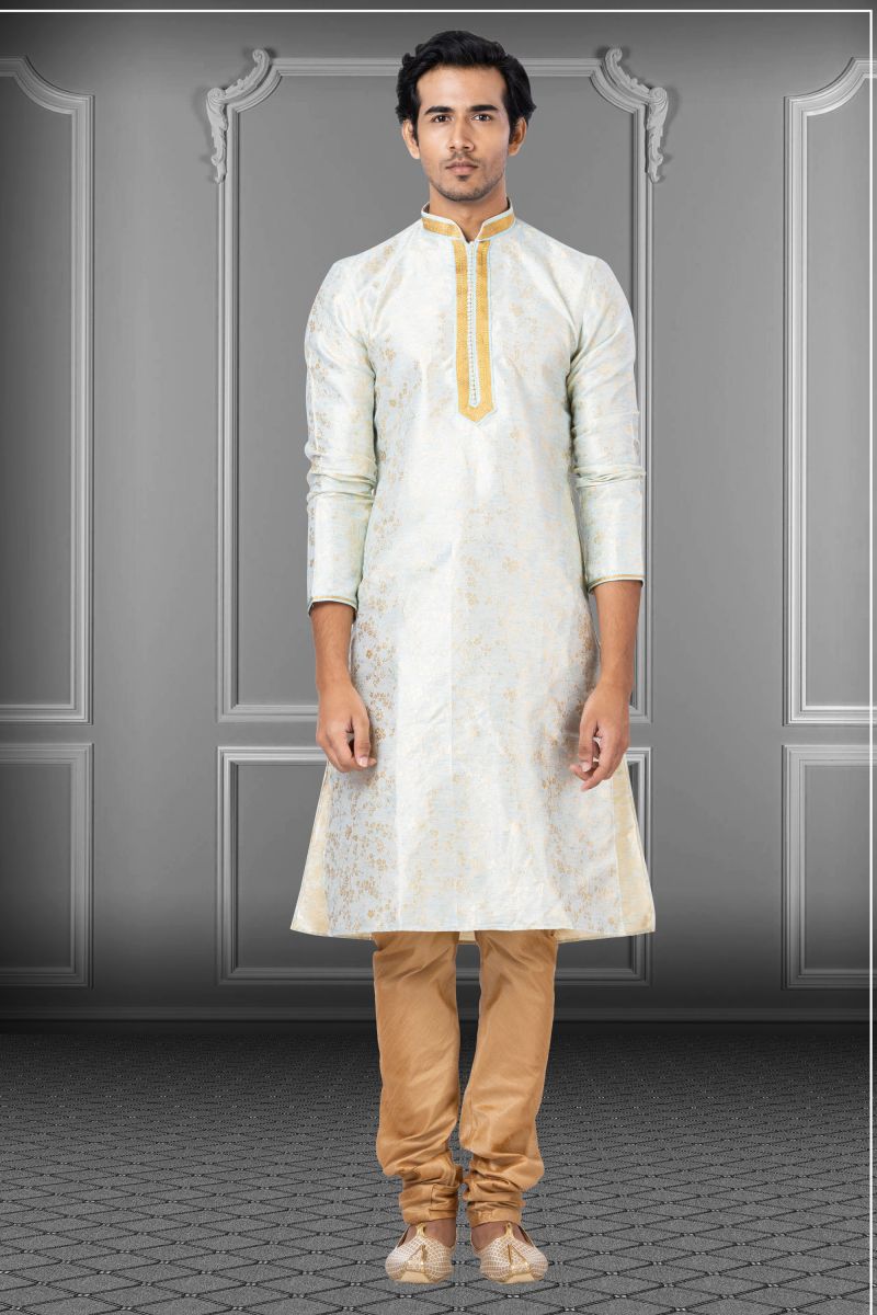 Linen Silk Function Wear Readymade Light Cyan Kurta Pyjama For Men