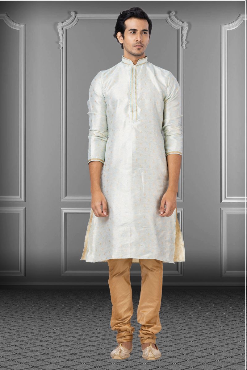 Sangeet Wear Readymade Kurta Pyjama For Men In Jacquard Light Cyan Color