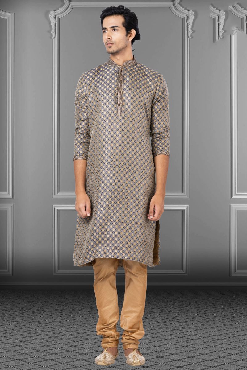 Dark Beige Jacquard Sangeet Wear Fancy Readymade Kurta Pyjama For Men