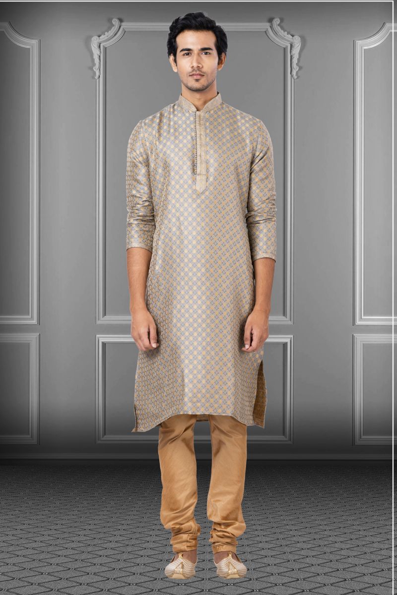 Jacquard Dark Beige Festive Wear Trendy Readymade Men Kurta Pyjama