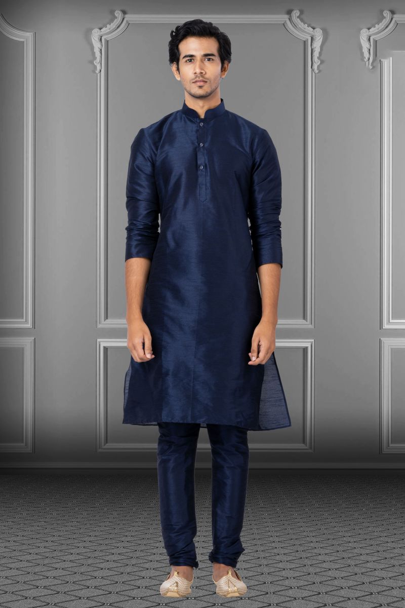 Navy Blue Sangeet Wear Dhupion Designer Readymade Kurta Pyjama For Men