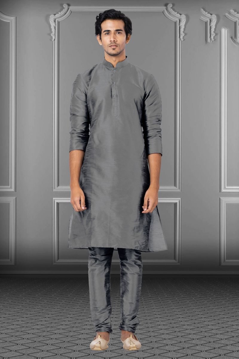 Grey Dhupion Sangeet Wear Kurta Pyjama For Men