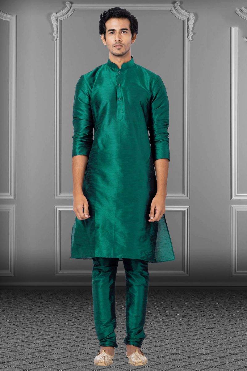 Dark Green Gorgeous Dhupion Wedding Wear Kurta Pyjama For Men