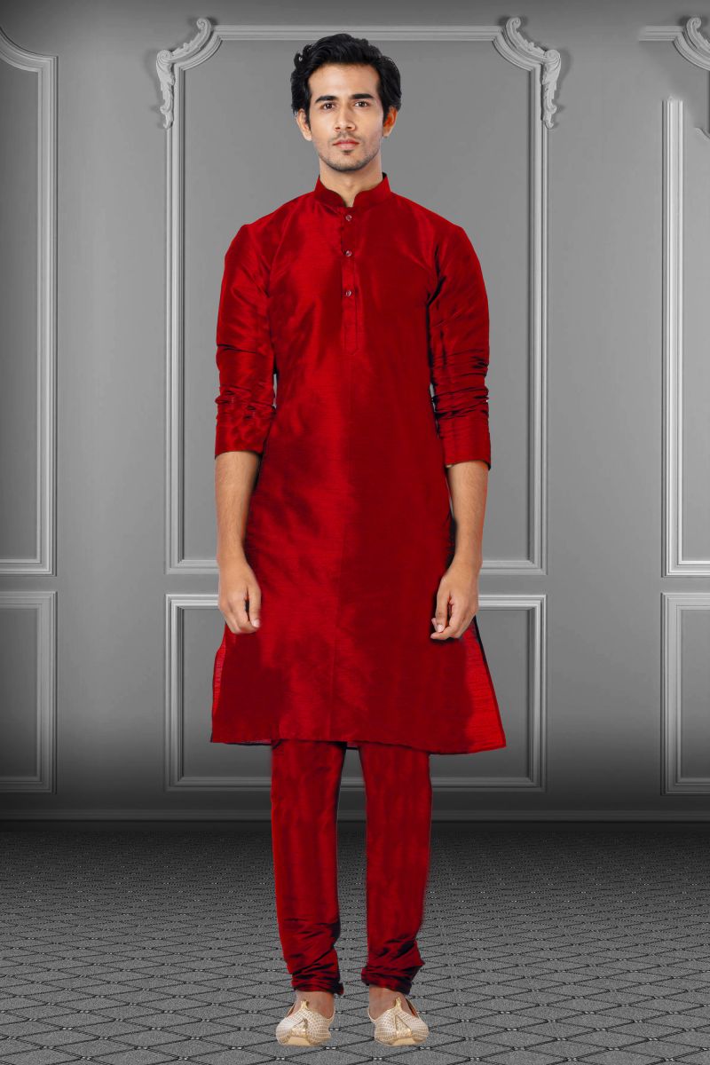 Red Dhupion Reception Wear Striking Kurta Pyjama For Men