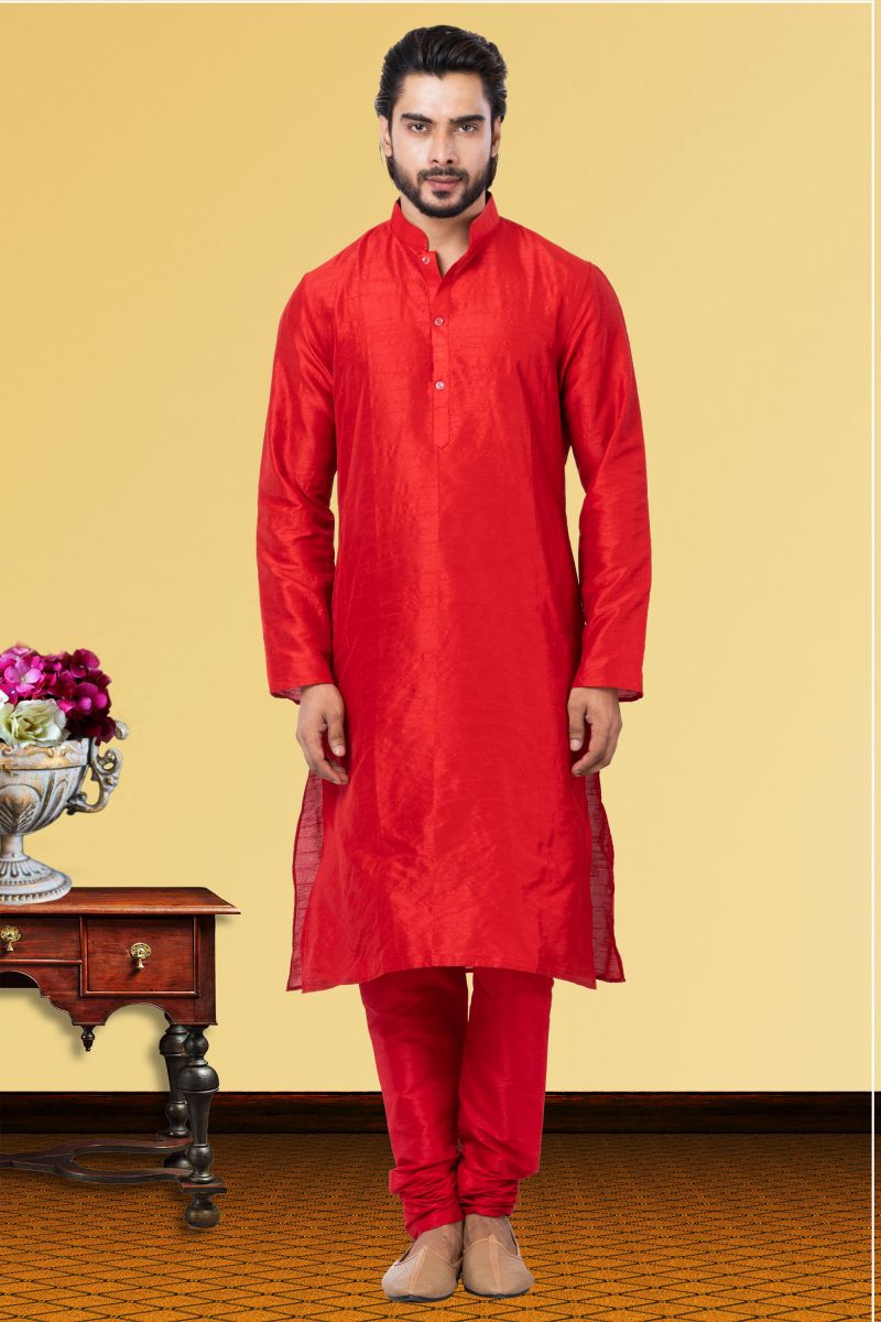 Dhupion Wedding Wear Kurta Pyjama For Men In Red Color