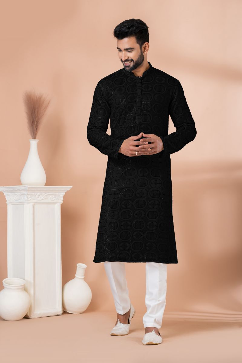 Black Color Georgette Readymade Sequins Embroidery Men Kurta Pyjama For Wedding Wear