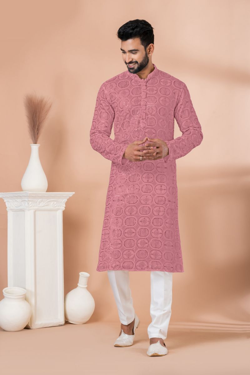 Pink Color Sequins Embroidery Georgette Function Wear Fancy Readymade Kurta Pyjama For Men