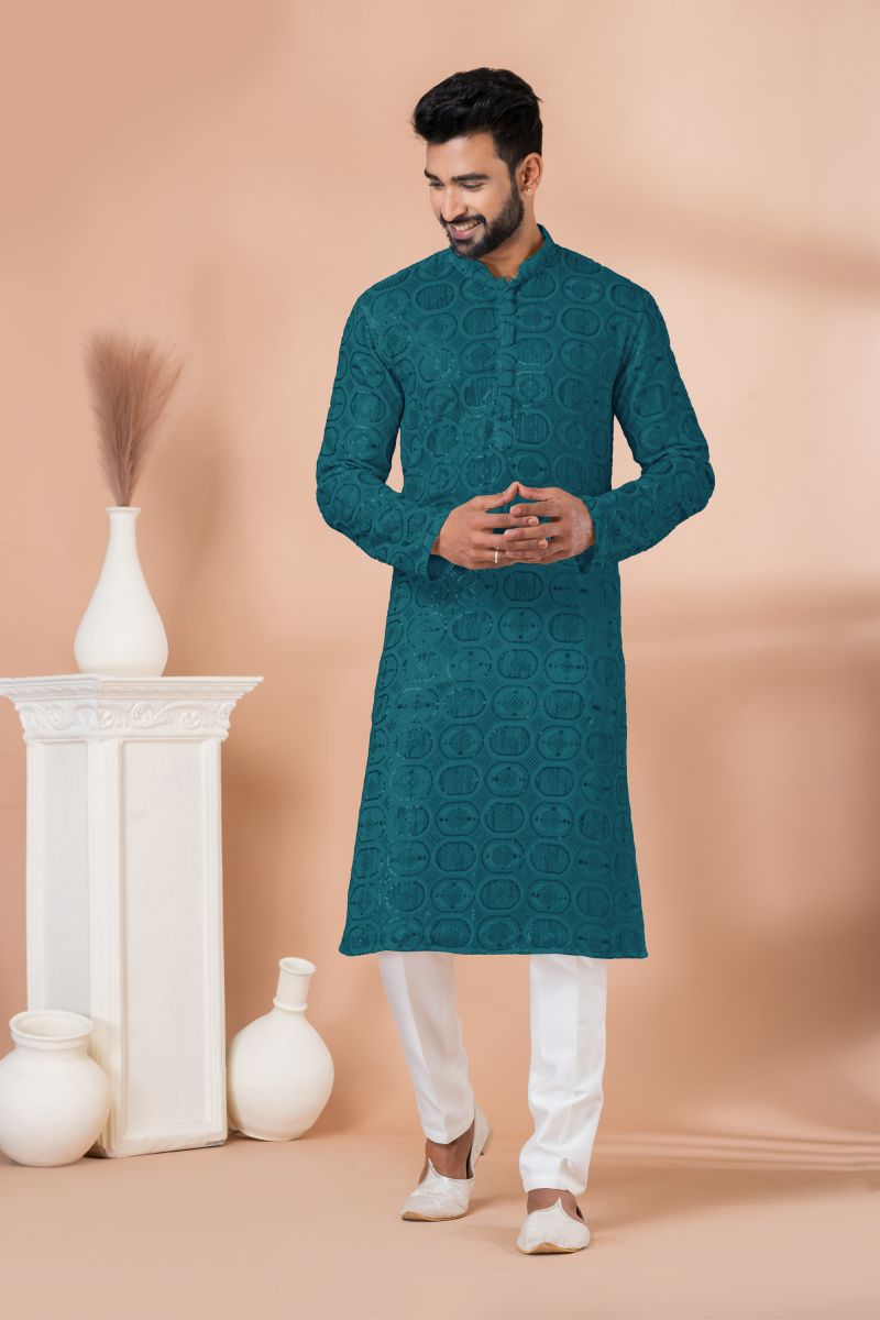 Teal Color Sangeet Wear Georgette Sequins Embroidery Designer Readymade Kurta Pyjama For Men