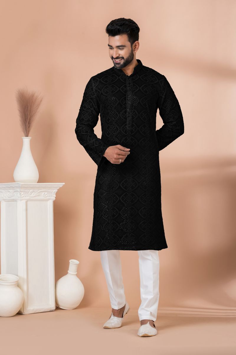 Black Color Sequins Embroidery Engaging Georgette Festive Wear Readymade Kurta Pyjama For Men