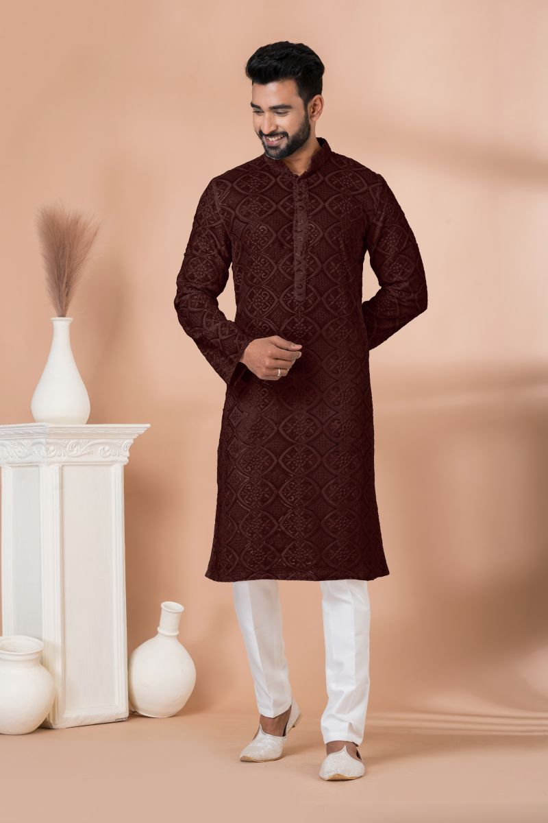 Brown Color Georgette Sequins Embroidery Festive Wear Captivating Readymade Kurta Pyjama For Men