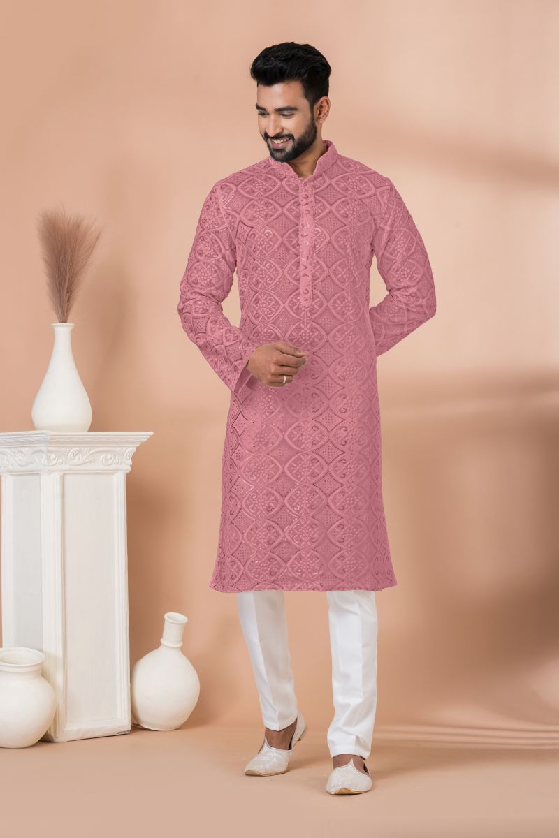 Georgette Sequins Embroidery Function Wear Pink Color Readymade Kurta Pyjama For Men