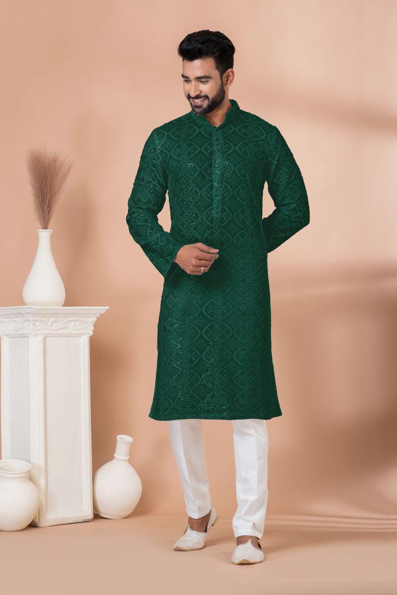 Dark Green Color Festive Wear Sequins Embroidery Georgette Readymade Kurta Pyjama For Men