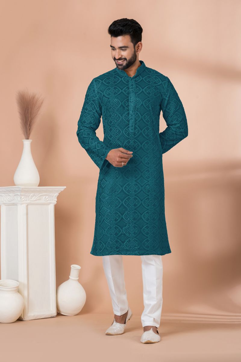 Sequins Embroidery Teal Color Sangeet Wear Pretty Readymade Kurta Pyjama For Men In Georgette Fabric