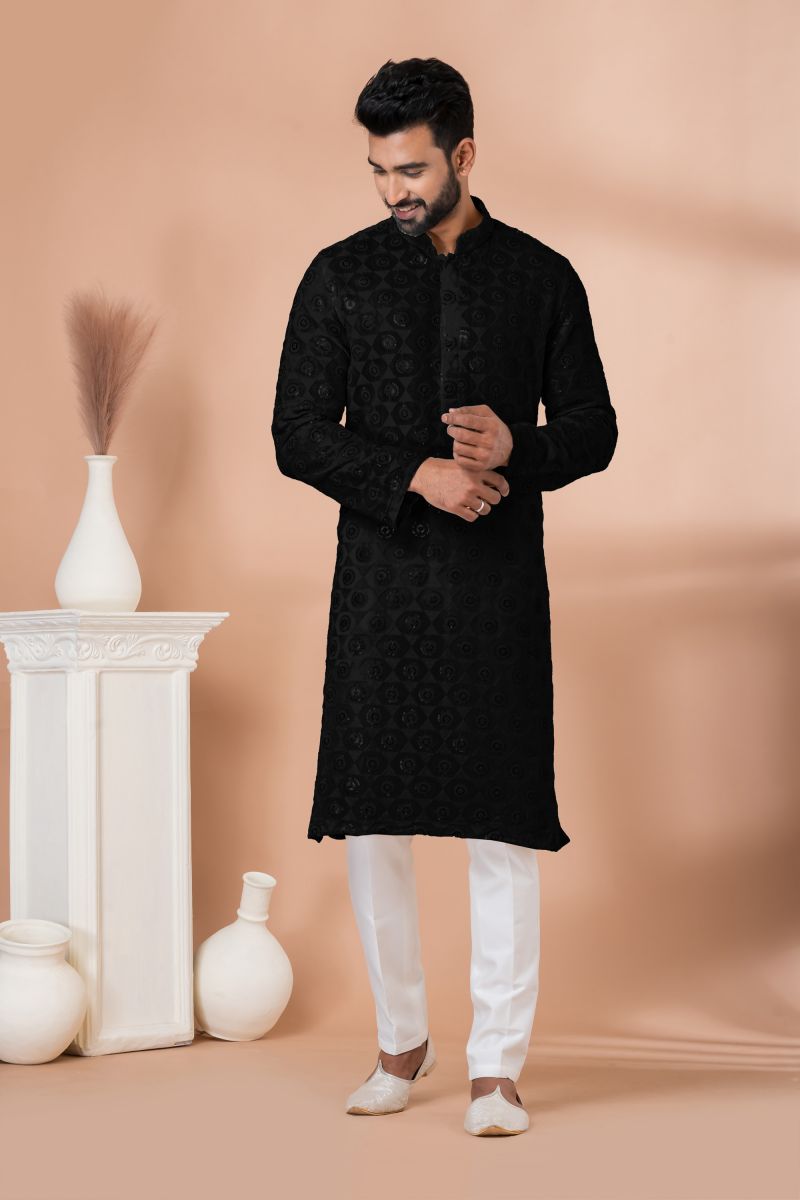 Black Color Stunning Georgette Sequins Embroidered Function Wear Readymade Kurta Pyjama For Men