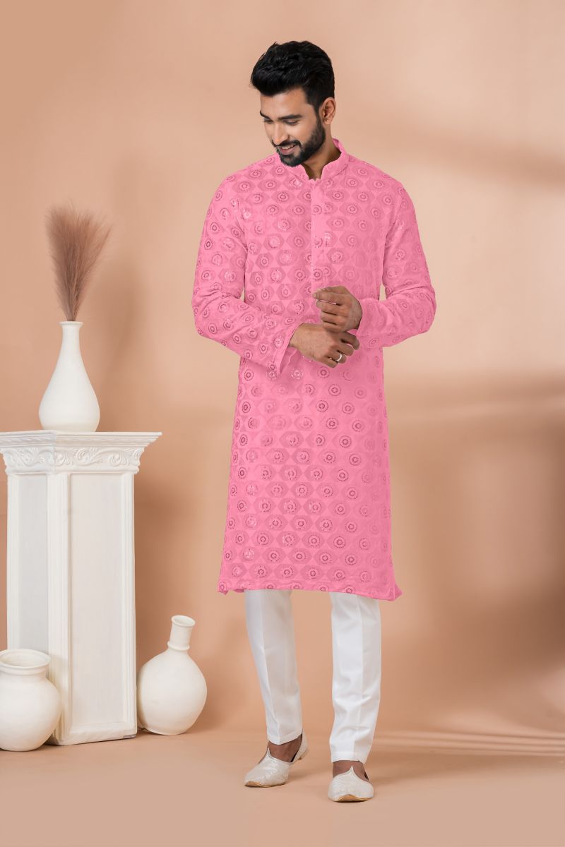 Sequins Embroidered Pink Color Sangeet Wear Pretty Readymade Kurta Pyjama For Men In Georgette Fabric