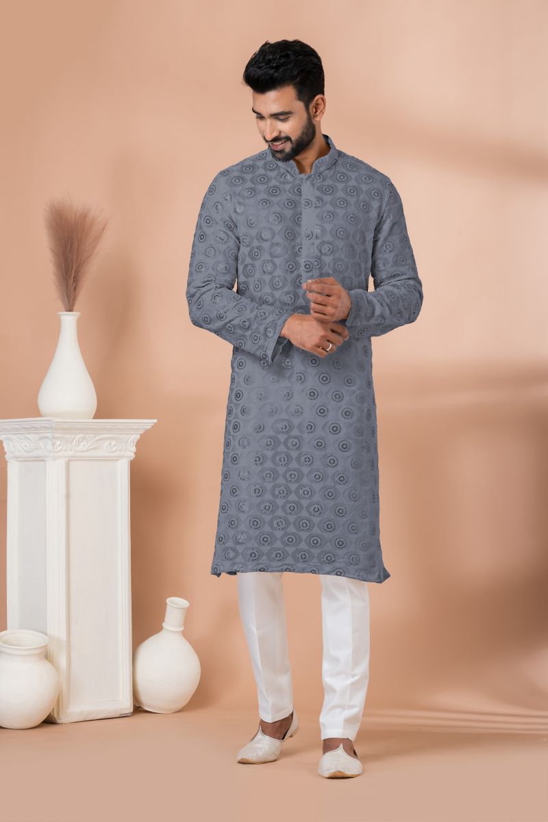 Sequins Embroidered Georgette Wedding Wear Readymade Kurta Pyjama For Men In Grey Color