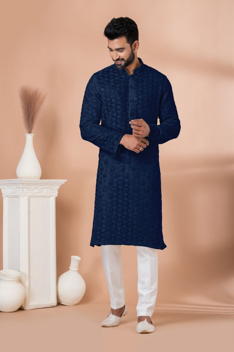 Reception Wear Attractive Sequins Embroidered Readymade Kurta Pyjama For Men In Navy Blue Color Georgette Fabric