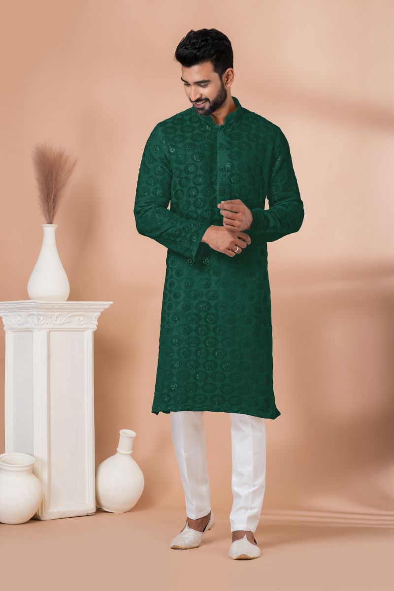 Georgette Sequins Embroidered Dark Green Color Festive Wear Readymade Men Stylish Kurta Pyjama