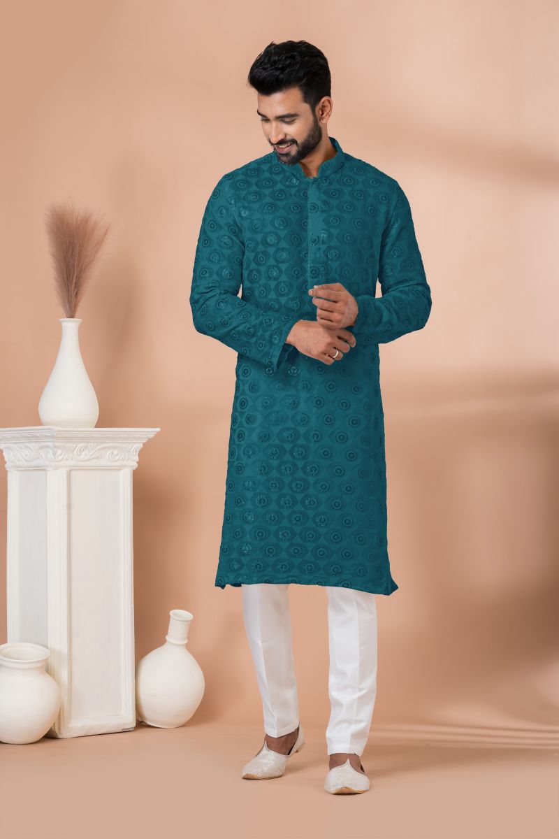 Teal Georgette Sequins Embroidered Sangeet Wear Trendy Readymade Kurta Pyjama For Men