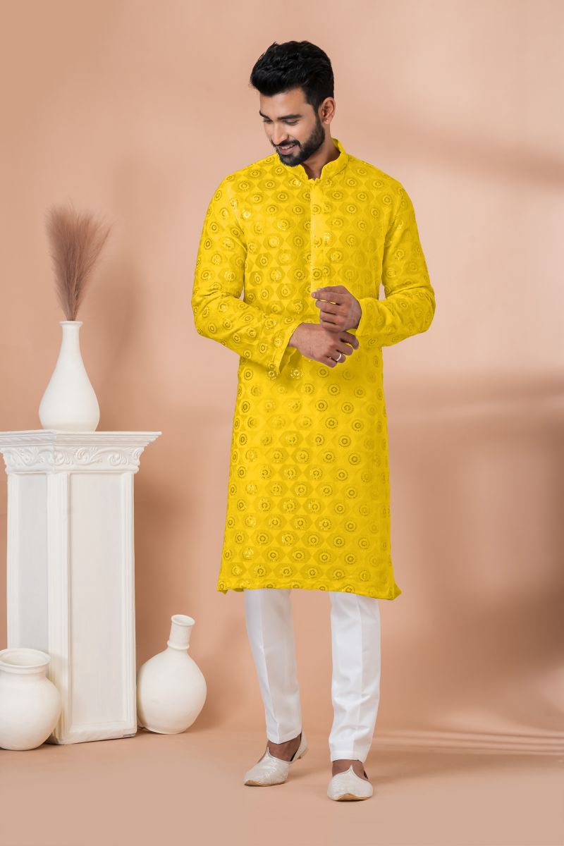 Georgette Yellow Color Wedding Wear Sequins Embroidered Readymade Designer Men Kurta Pyjama