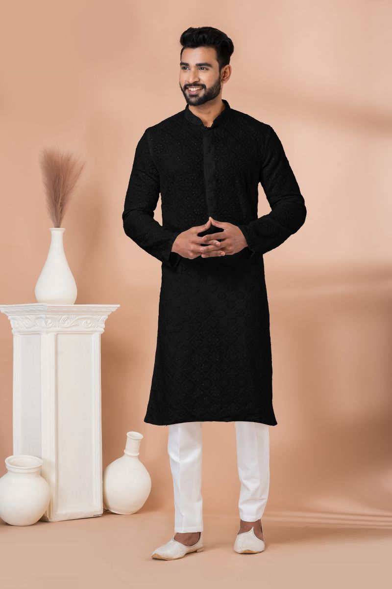 Black Color Sequins Embroidered Georgette Function Wear Fancy Readymade Kurta Pyjama For Men