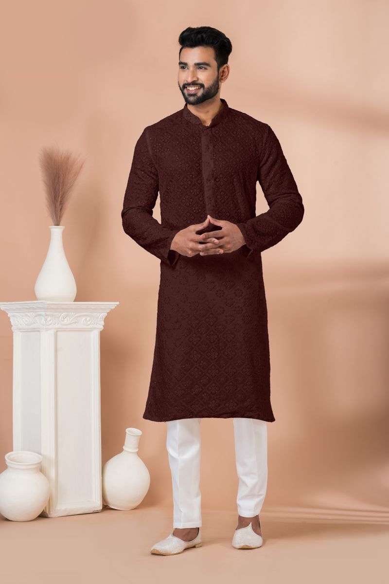 Georgette Brown Color Sequins Embroidered Festive Wear Trendy Readymade Men Kurta Pyjama