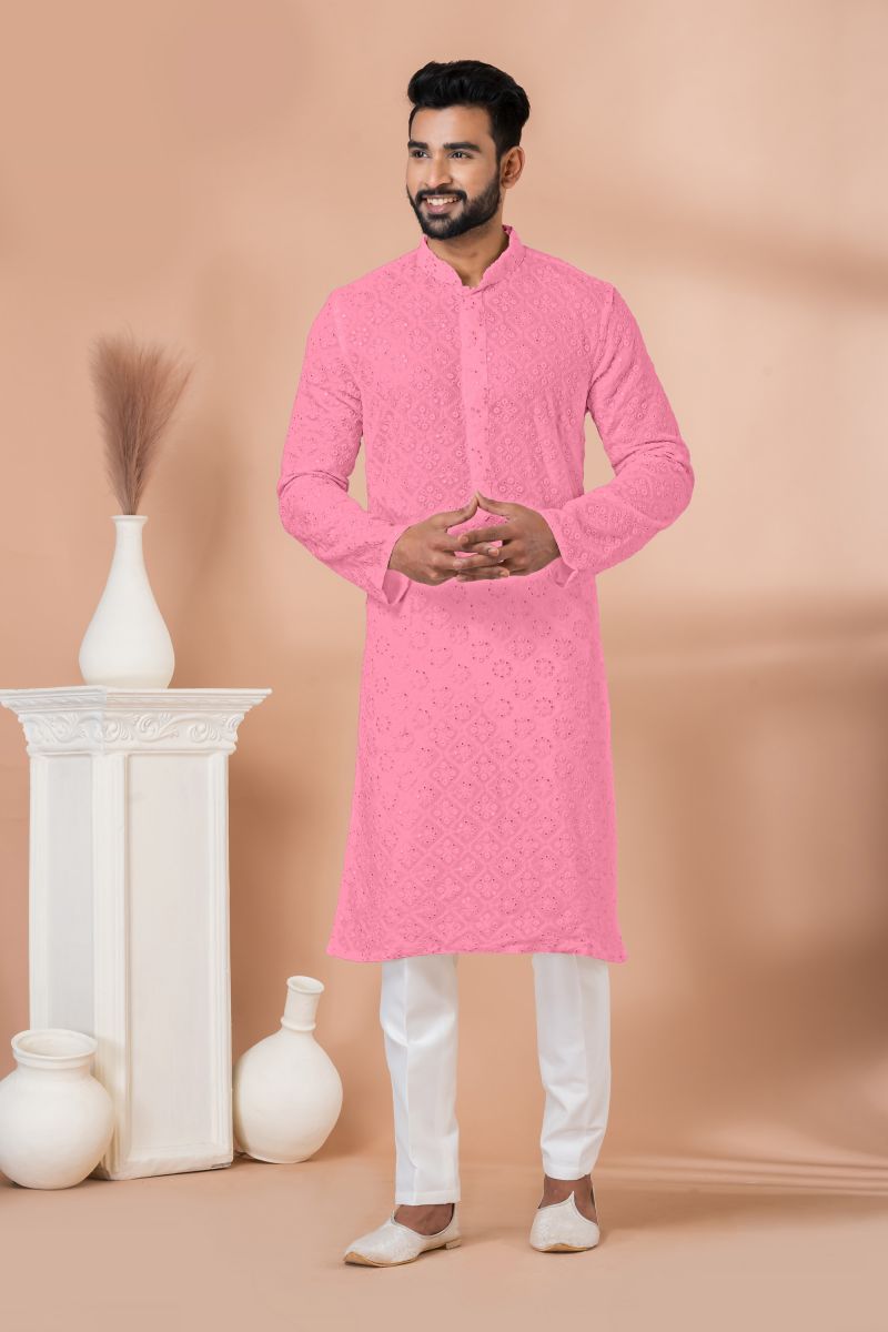 Pink Color Sangeet Wear Georgette Sequins Embroidered Designer Readymade Kurta Pyjama For Men