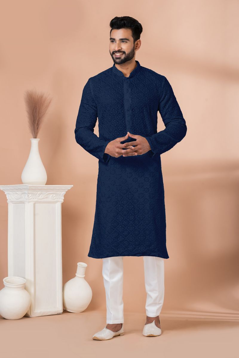 Navy Blue Color Sequins Embroidered Engaging Georgette Festive Wear Readymade Kurta Pyjama For Men