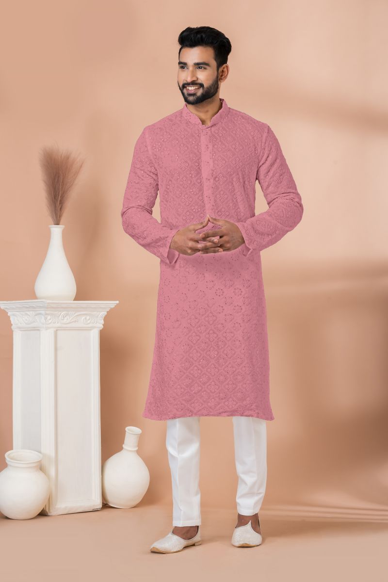 Pink Color Georgette Sequins Embroidered Festive Wear Captivating Readymade Kurta Pyjama For Men