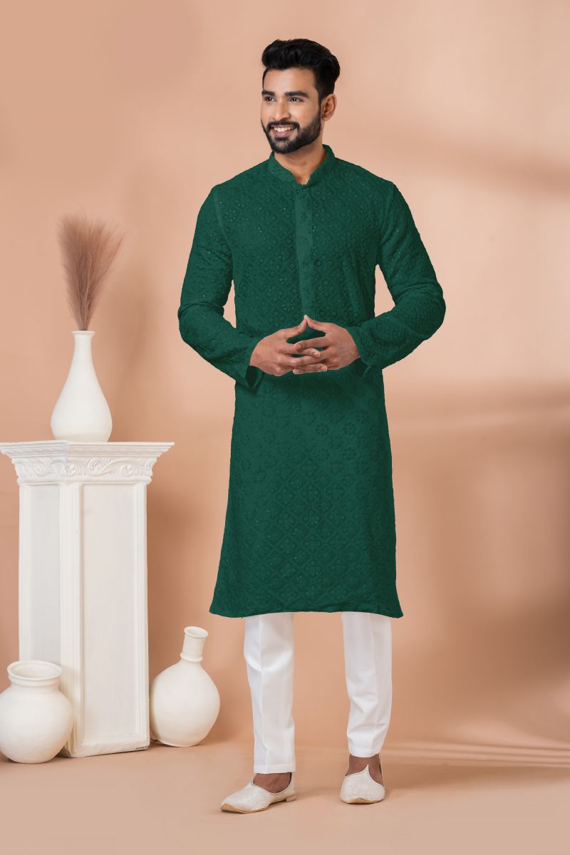 Dark Green Georgette Sangeet Wear Sequins Embroidered Readymade Kurta Pyjama For Men