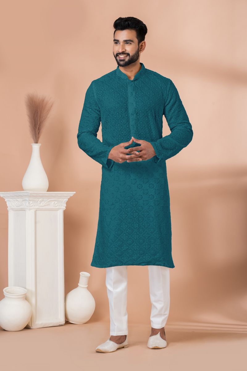 Sequins Embroidered Teal Color Gorgeous Georgette Wedding Wear Readymade Kurta Pyjama For Men