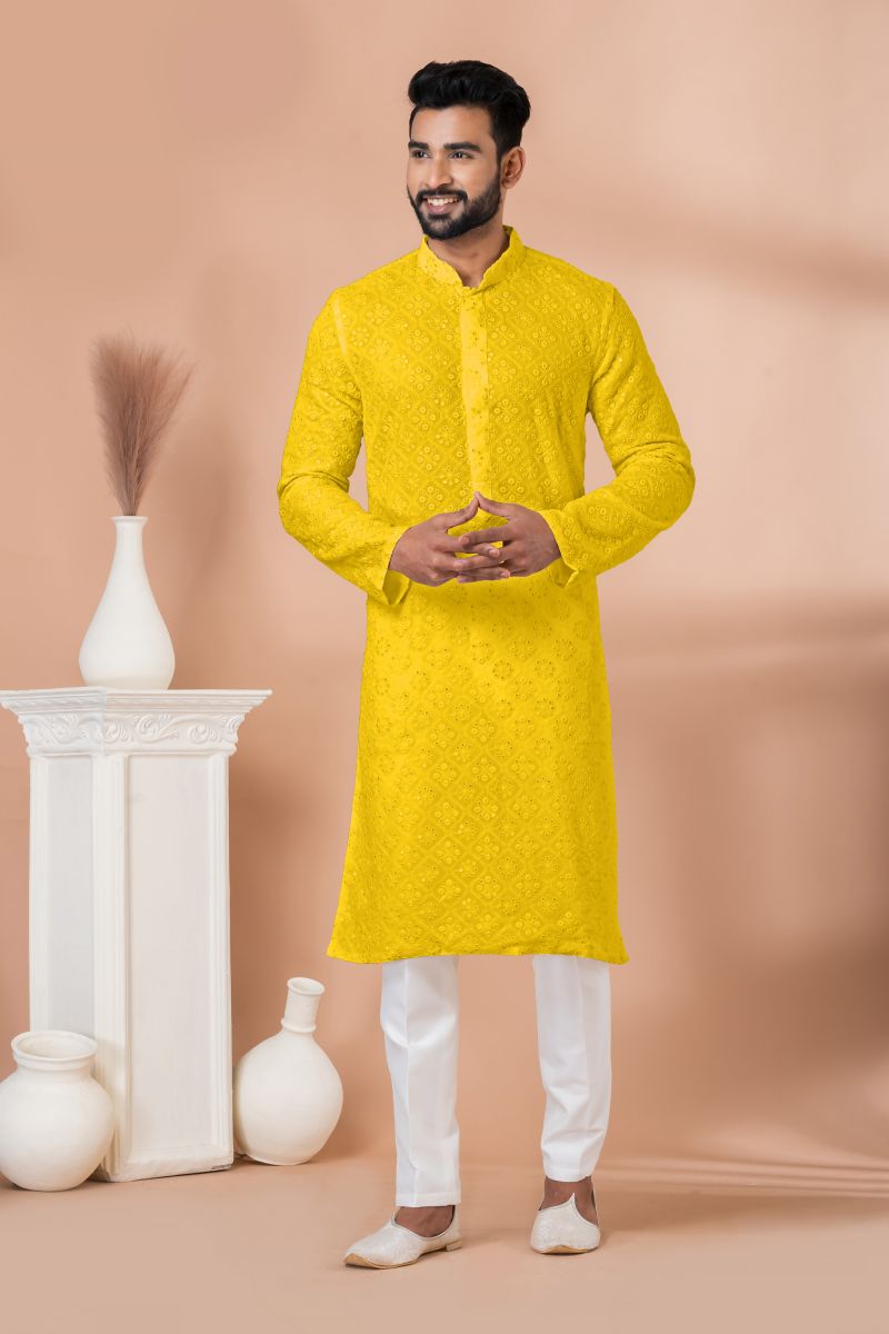 Yellow Color Sequins Embroidered Georgette Reception Wear Striking Readymade Kurta Pyjama For Men