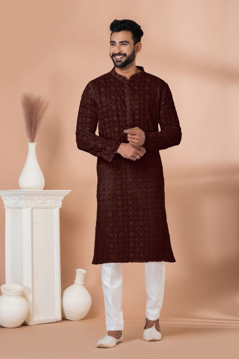 Georgette Brown Color Readymade Men Kurta Pyjama