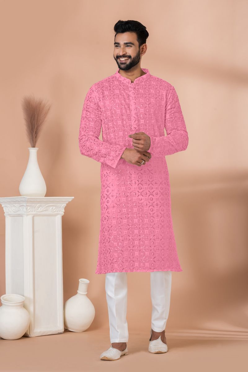 Pink Color Georgette Readymade Lovely Kurta Pyjama For Men