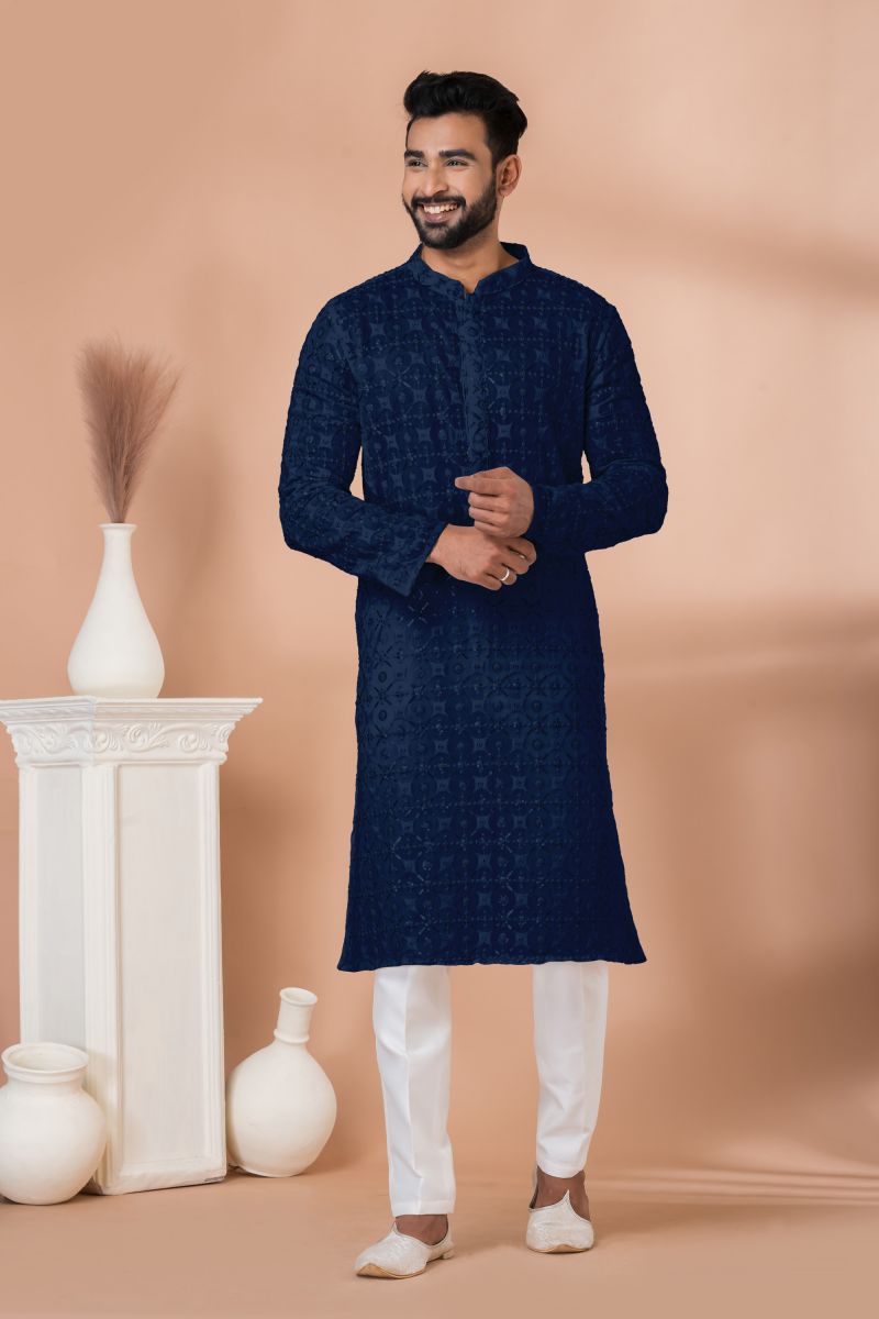 Navy Blue Color Readymade Kurta Pyjama For Men In Georgette Fabric