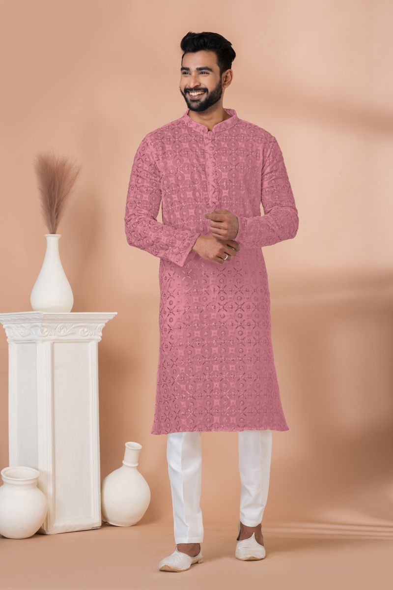 Pink Color Georgette Readymade Men Kurta Pyjama