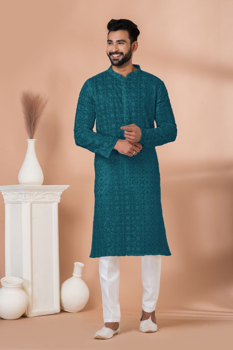 Teal Georgette Graceful Readymade Men Kurta Pyjama