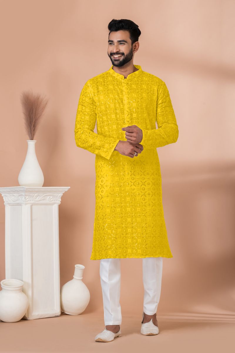 Georgette Yellow Magnificent Readymade Men Kurta Pyjama