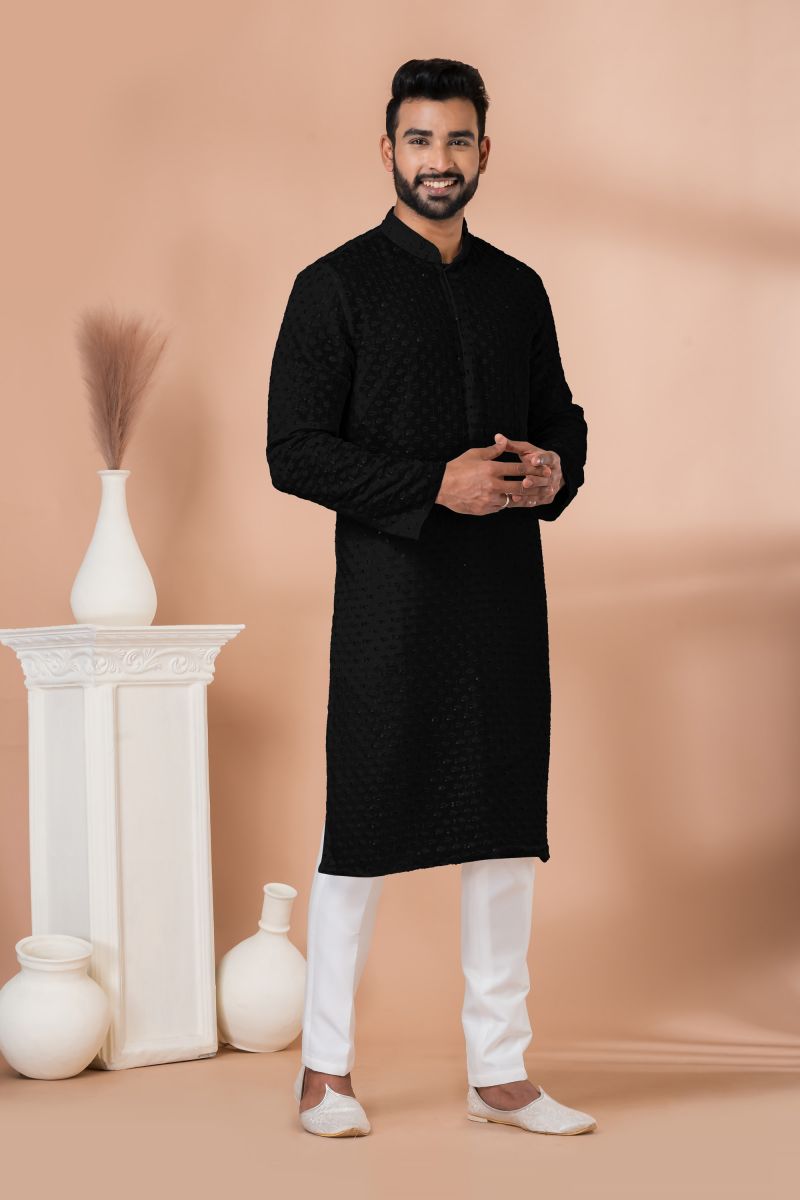 Black Color Artistic Function Wear Georgette Readymade Men Kurta Pyjama