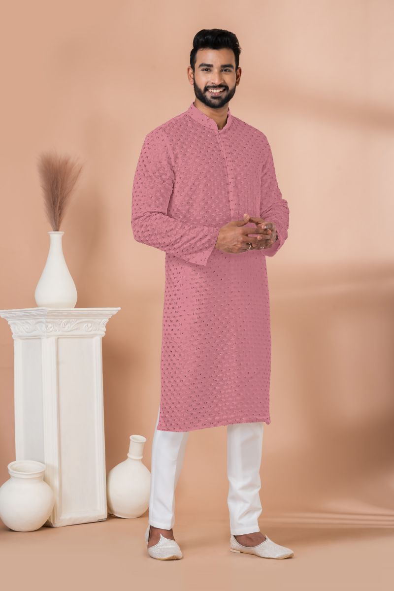 Pink Color Georgette Fancy Readymade Kurta Pyjama For Men