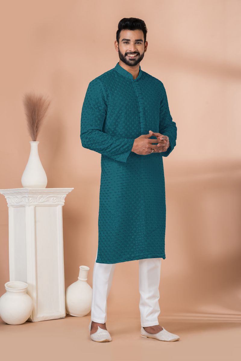 Teal Color Georgette Designer Readymade Kurta Pyjama For Men