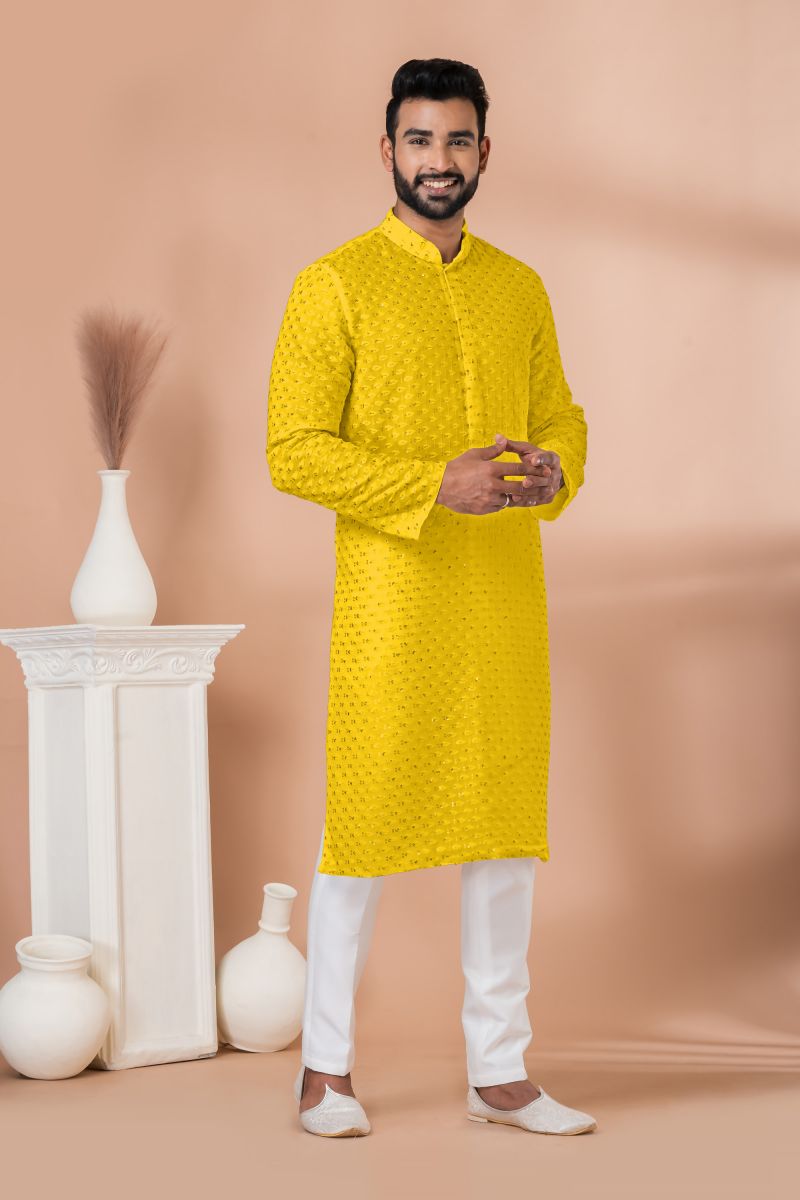 Yellow Color Georgette Readymade Kurta Pyjama For Men