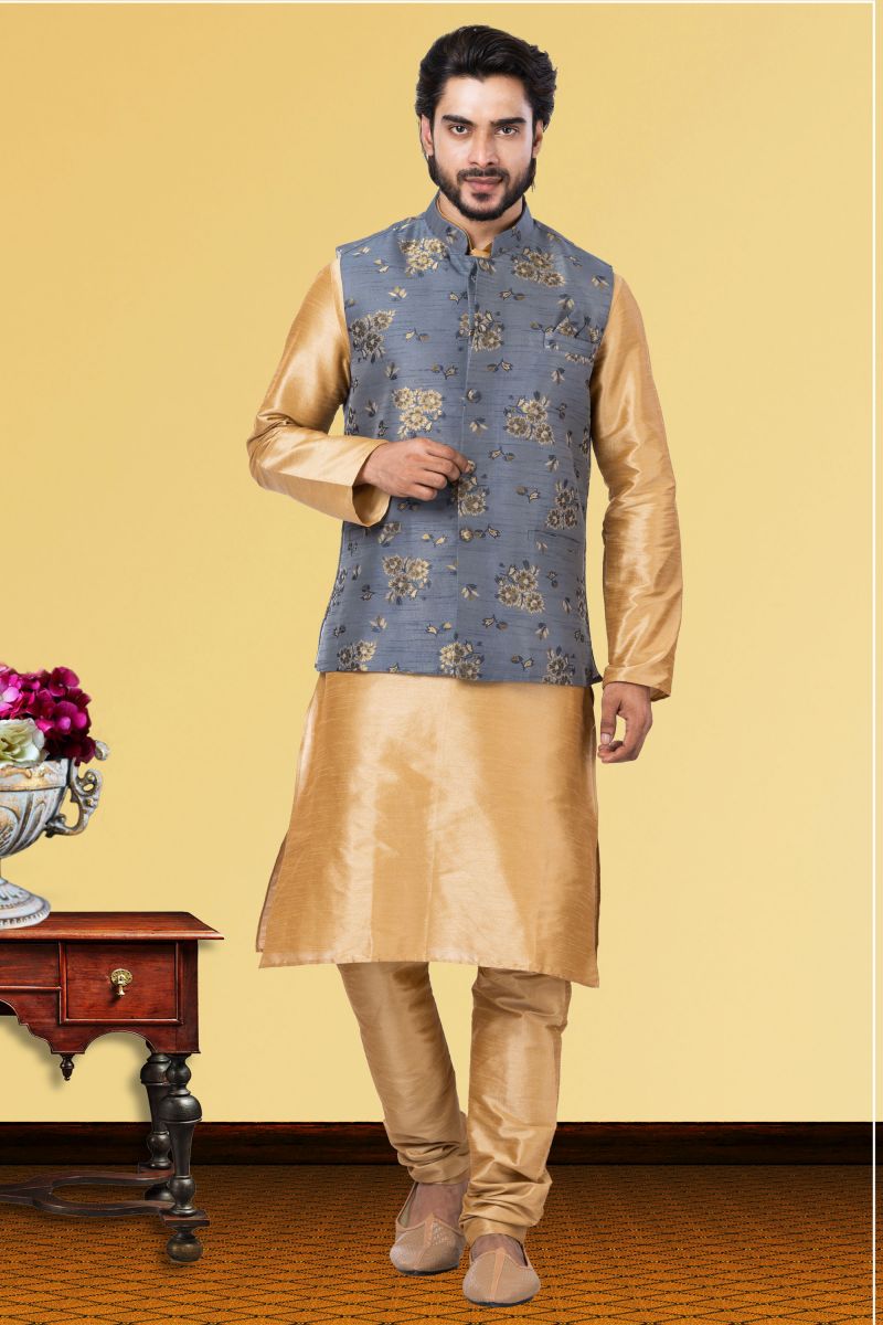 Dhupion Raw Silk Cream Festive Wear Readymade Men Stylish Kurta Pyjama With Jacket